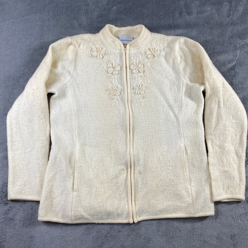 VTG Alfred Dunner Jacket Sweater Women's S Cream‎ Wool Floral Embroidered Zip Up